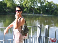 Amateur brunette babe Mina outdoor sexy smoke session