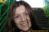 Outdoor pissing of teen brunette on a concrete park ladder