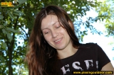 Outdoor pissing of teen brunette on a concrete park ladder