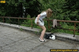 Outdoor pissing of prank blonde on a concrete area