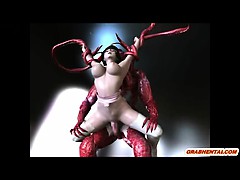 3D anime caught by monster tentacles and sucked bigcock