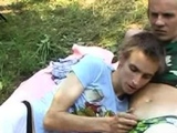 Camping twink tasting cum after breeding duo