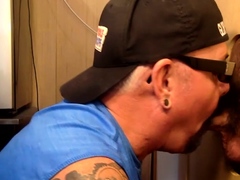 Inked gloryhole DILF sucks 4 mouthjizz