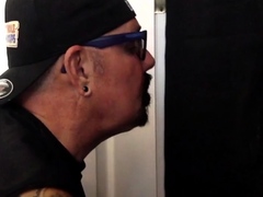 Real gloryhole moustache DILF sucks cock