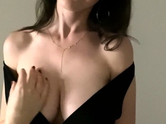 Amateur busty brunette masturbates and does hand job