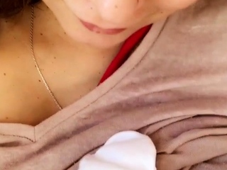 Busty curly brunette with big boobs fucks on couch