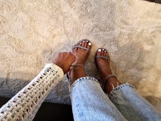 Light femdom and foot fetish play with brunette